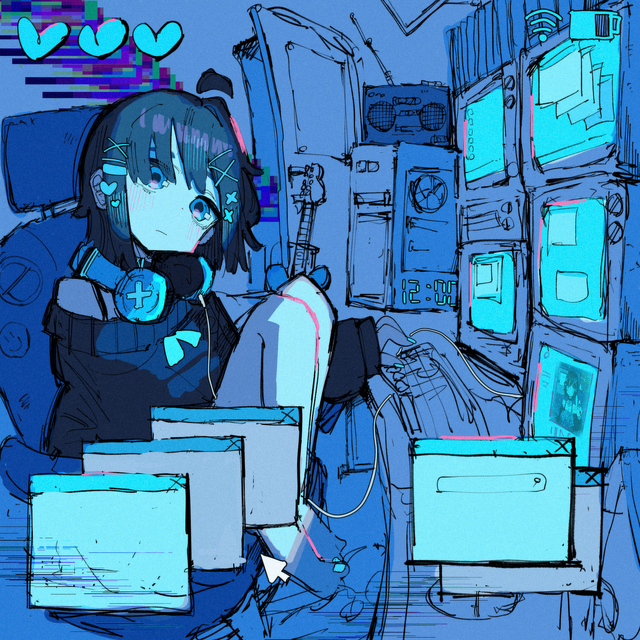 furu tkc, original, commentary, commission, english commentary, highres, second-party source, skeb commission, 1girl, album cover, bare shoulders, battery, black hair, blue eyes, blue theme, clock, computer, computer keyboard, computer tower, cover, crt, digital clock, fake phone screenshot, fake screenshot, guitar, hair ornament, hair over one eye, headphones, headphones around neck, heart, heart hair ornament, instrument, knees to chest, monitor, multiple screens, radio, search bar, sitting, solo, sweater, user interface, wi-fi symbol, window (computing), x hair ornament