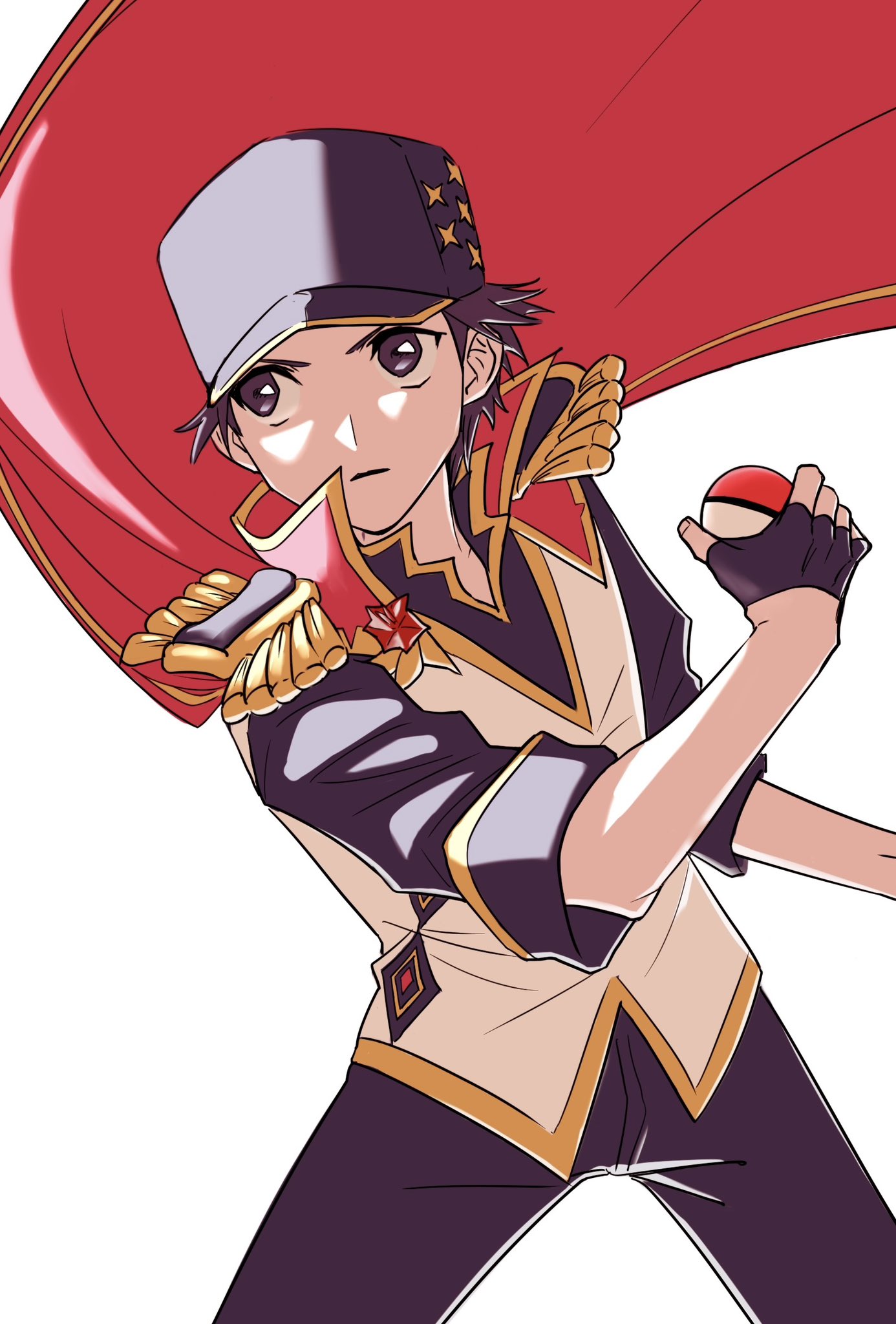 red (pokemon), nintendo, pokemon, pokemon masters ex, highres, 1boy, black gloves, black hat, black shirt, brown eyes, brown hair, cape, closed mouth, epaulettes, fingerless gloves, gloves, hat, holding, holding poke ball, male focus, mky 086, official alternate costume, pants, poke ball, poke ball (basic), popped collar, red (anniversary 2025) (pokemon), red cape, shirt, short hair, simple background, sleeves rolled up, solo, vest, white background, white vest