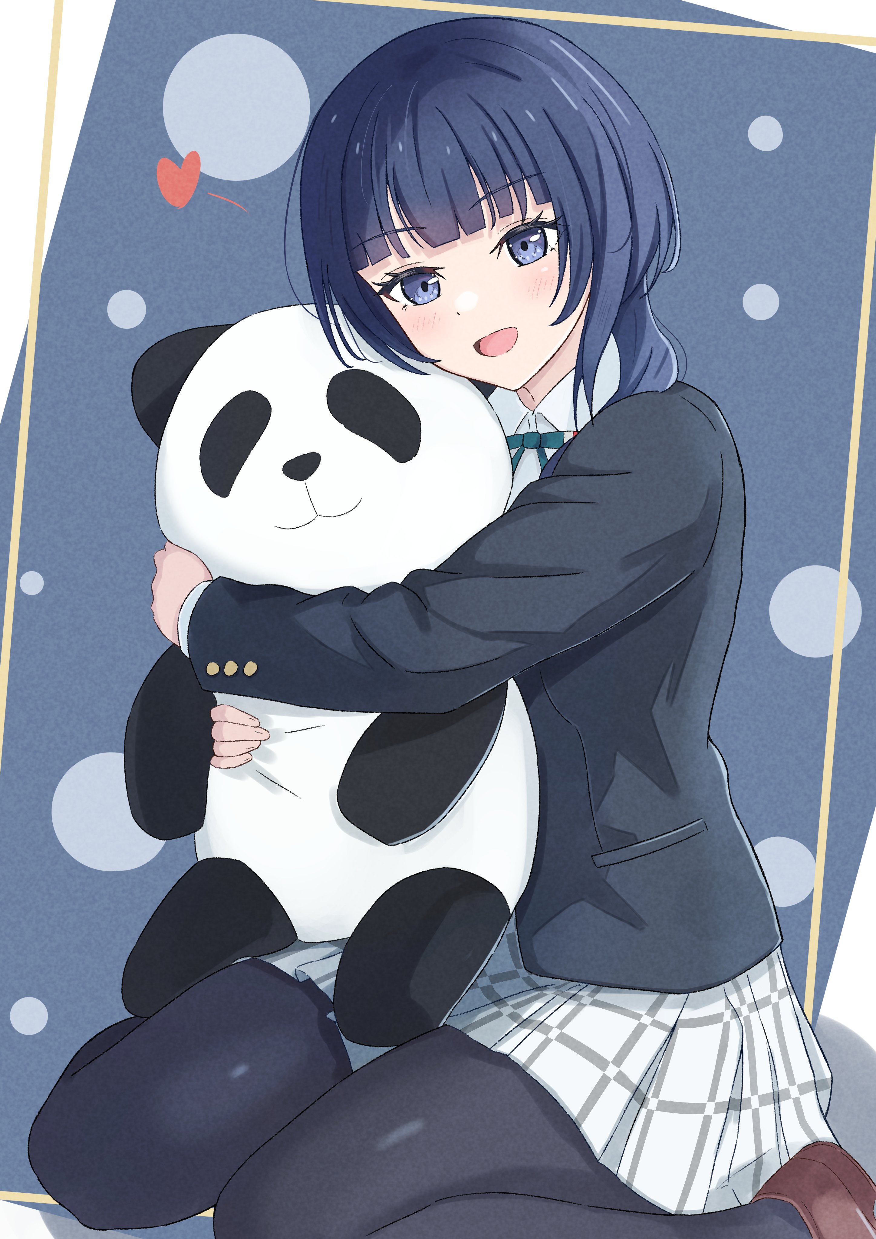 beniyomogi, asaka karin, love live!, love live! nijigasaki high school idol club, absurdres, commentary, highres, 1girl, :d, black jacket, black pantyhose, blue background, blue eyes, blue hair, brown shoes, collared shirt, dress shirt, green ribbon, heart, hugging doll, hugging object, jacket, loafers, looking at viewer, miniskirt, neck ribbon, nijigasaki school uniform, open mouth, pantyhose, plaid clothes, plaid skirt, pleated skirt, ribbon, school uniform, shirt, shoes, sitting, skirt, smile, solo, stuffed animal, stuffed panda, stuffed toy, v-shaped eyebrows, wariza, white shirt, white skirt