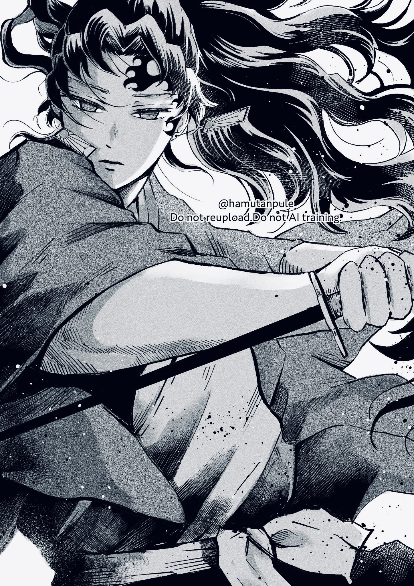 tsugikuni yoriichi, kimetsu no yaiba, highres, 1boy, closed mouth, earrings, empty eyes, english text, facial tattoo, greyscale, hamutanpule, haori, high ponytail, japanese clothes, jewelry, kimono, long hair, looking at viewer, male focus, monochrome, ponytail, solo, tattoo, twitter username, upper body, white background