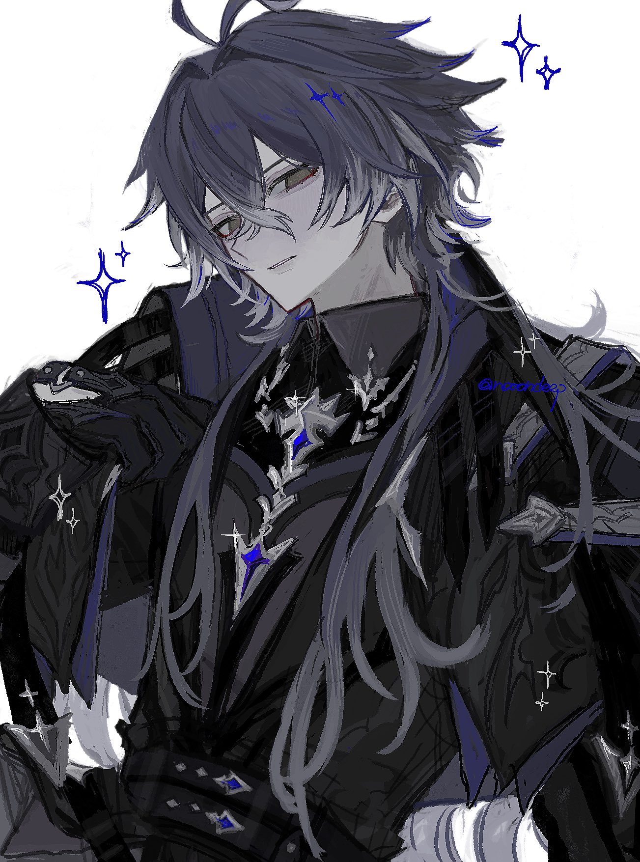 uma (npon zinsei), flins (genshin impact), genshin impact, commentary, commentary request, highres, 1boy, belt, black belt, black gloves, black jacket, black shirt, blue gemstone, brown eyes, collared shirt, cowboy shot, crossed bangs, double-parted bangs, empty eyes, gem, gloves, hair between eyes, jacket, long hair, long sleeves, looking to the side, male focus, shirt, sideways glance, simple background, smile, solo, sparkle, white background, wing collar