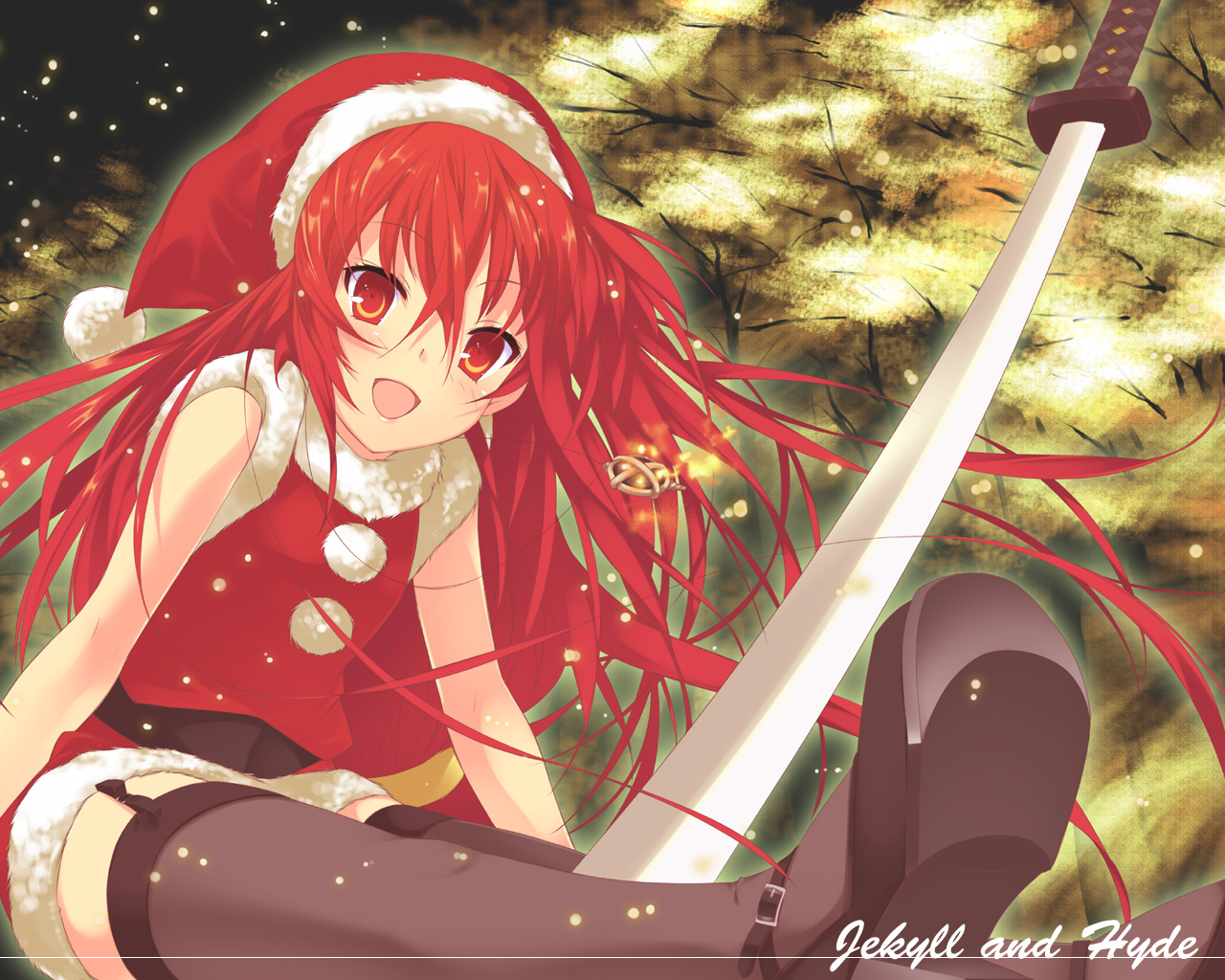 mizuki makoto, alastor (shakugan no shana), shana, shakugan no shana, 00s, 1girl, christmas, female focus, garter belt, jewelry, legs, long hair, pendant, red eyes, red hair, santa costume, solo, sword, thighhighs, weapon