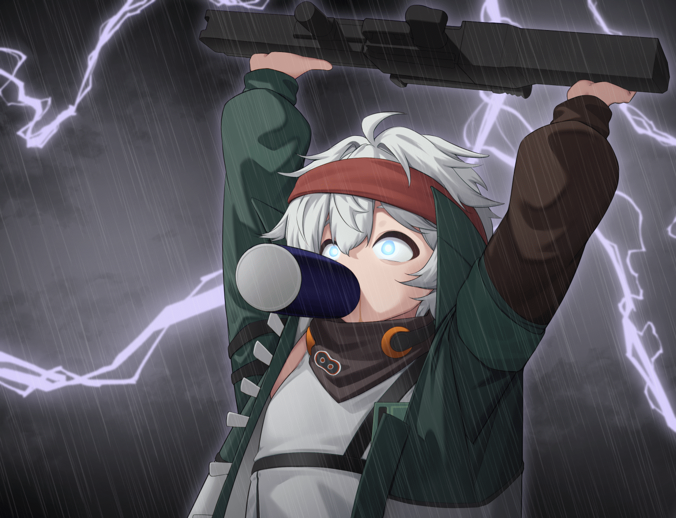 act (xadachit), g11 (girls' frontline), mechty (girls' frontline 2), girls' frontline, girls' frontline 2: exilium, animated, animated gif, commentary, english commentary, looping animation, 1girl, arms up, assault rifle, bandana, black background, blue eyes, can, glowing, glowing eyes, green jacket, grey hair, gun, h&k g11, holding, holding gun, holding weapon, jacket, lightning, meme, open clothes, open jacket, rain, red bandana, rifle, short hair, solo, upper body, weapon