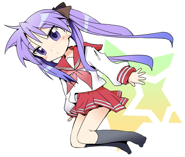 ixy, hiiragi kagami, lucky star, 00s, long hair, purple eyes, purple hair, school uniform, serafuku, solo, twintails
