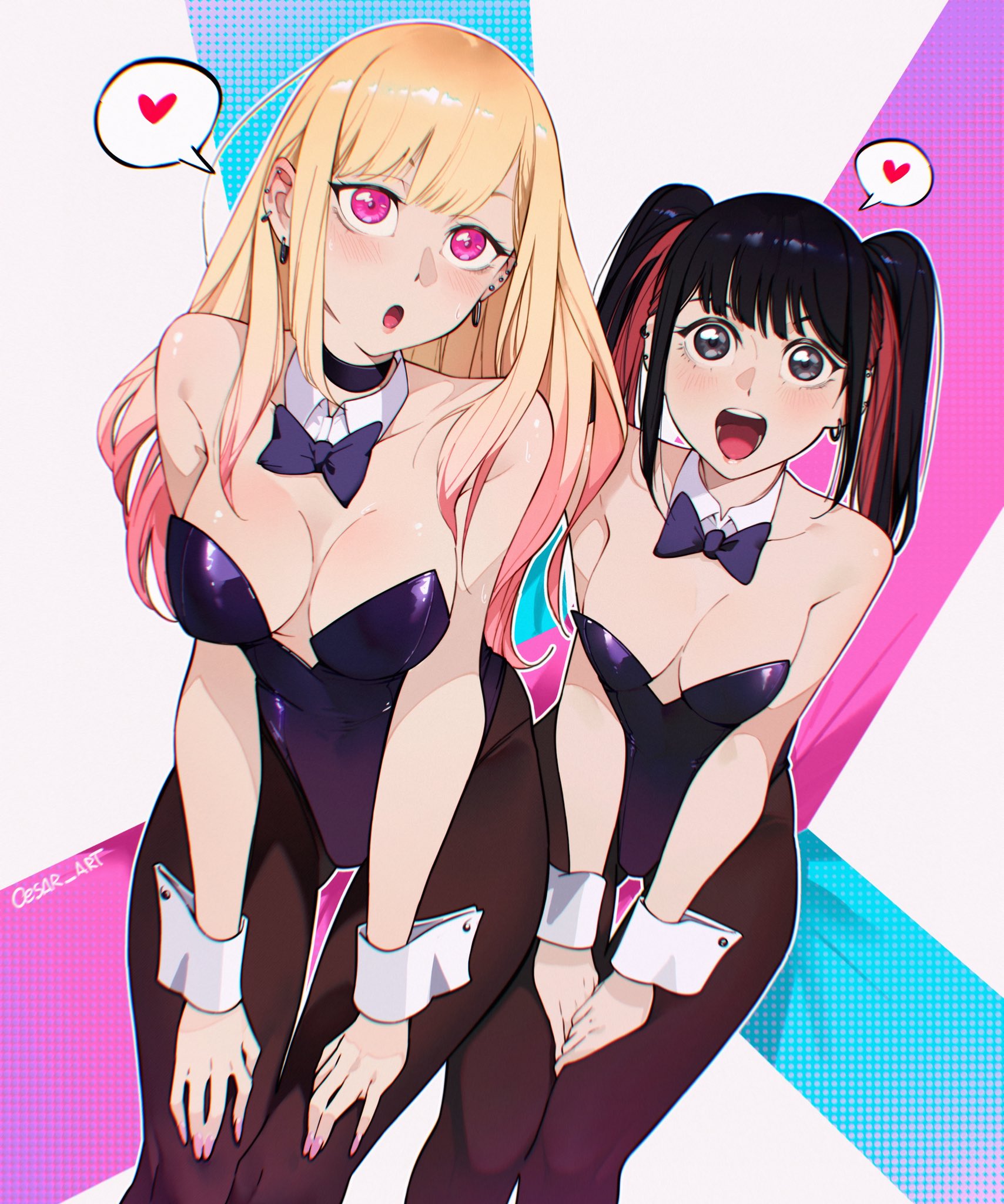 cesar art456, kitagawa marin, sugaya nowa, sono bisque doll wa koi wo suru, highres, 2girls, black choker, black hair, black pantyhose, blonde hair, breasts, choker, cleavage, detached collar, diagonal-striped background, earrings, grey eyes, hands on own legs, jewelry, large breasts, leaning forward, leotard, long hair, looking up, multicolored hair, multiple earrings, multiple girls, open mouth, pantyhose, playboy bunny, red eyes, red hair, small breasts, smile, striped background, two-tone hair, wrist cuffs