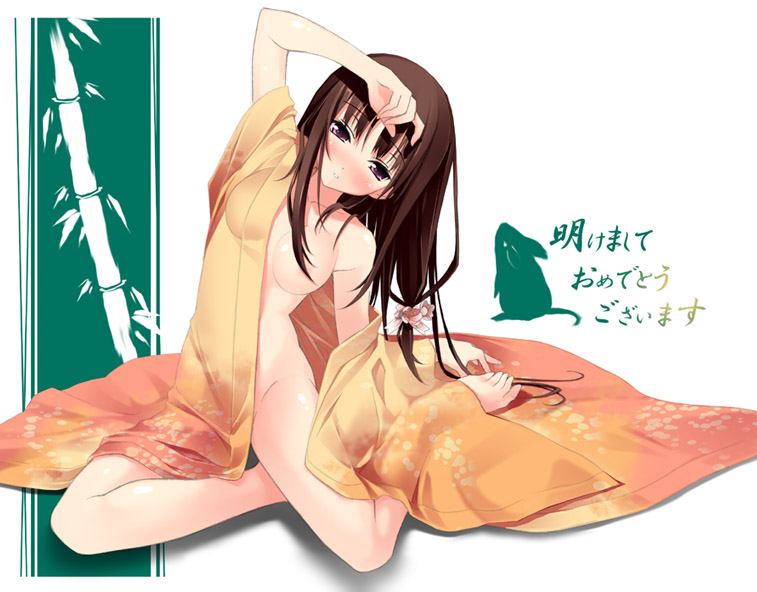kantoku, original, 1girl, akeome, breasts, censored, convenient censoring, female focus, hair censor, hair over breasts, happy new year, japanese clothes, kimono, long hair, new year, no bra, no panties, solo, undressing