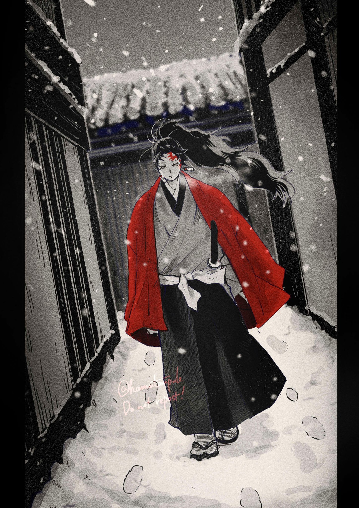 tsugikuni yoriichi, kimetsu no yaiba, highres, 1boy, closed mouth, earrings, empty eyes, facial tattoo, full body, hamutanpule, haori, high ponytail, japanese clothes, jewelry, katana, kimono, long hair, male focus, outdoors, partially colored, ponytail, red haori, red tattoo, sandals, snowing, solo, sword, tattoo, twitter username, walking, watermark, weapon