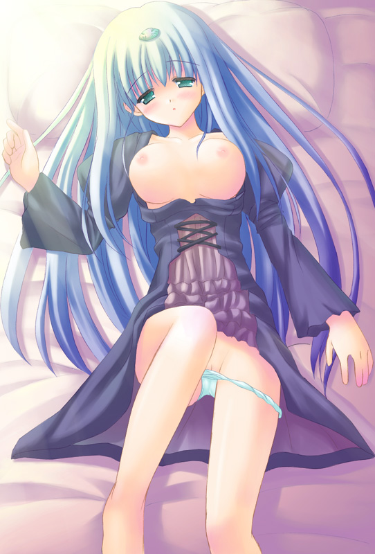 uehiro, reverie metherlence, elemental gelade, 00s, 1girl, bed, blue hair, blue panties, blush, breasts, clothes lift, dress, dress lift, female focus, green eyes, large breasts, long hair, lying, nipples, no bra, on back, open clothes, open shirt, panties, pussy, pussy peek, shirt, solo, underwear