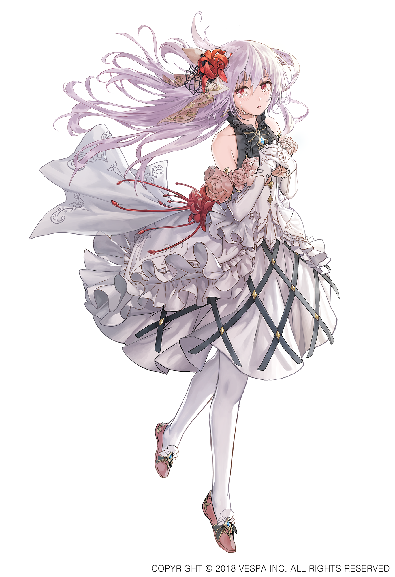 jaeyun, jane (king's raid), king's raid, highres, official art, 1girl, blush, breasts, bridal veil, bride, crying, dress, dress flower, elbow gloves, flower, frilled dress, frills, full body, gloves, grey hair, hair flower, hair ornament, hands on own chest, long hair, official alternate costume, own hands together, pantyhose, pink flower, pink shoes, red eyes, red flower, shoes, small breasts, solo, spider lily, strapless, strapless dress, streaming tears, tears, veil, wedding dress, white dress, white gloves, white pantyhose