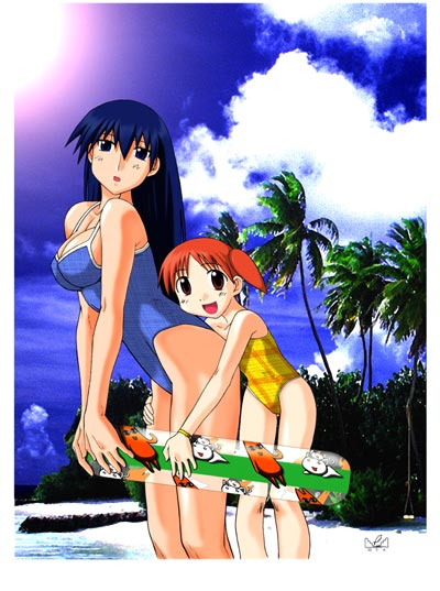 mihama chiyo, sakaki (azumanga daioh), azumanga daiou, 2girls, age difference, beach, blue hair, blue one-piece swimsuit, child, cloud, day, from side, highleg, highleg one-piece swimsuit, multiple girls, ocean, one-piece swimsuit, onee-loli, orange hair, outdoors, short twintails, sun, swimsuit, tree, twintails, yellow one-piece swimsuit, yuri