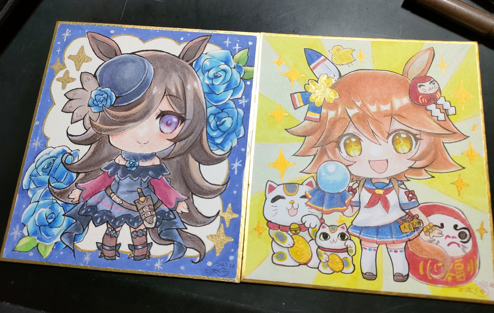 terimuku, matikanefukukitaru (umamusume), rice shower (umamusume), umamusume, commentary request, highres, photo (medium), traditional media, + +, 2girls, :d, animal ears, bare shoulders, black dress, black hat, black shoes, blue flower, blue rose, blue sailor collar, blue skirt, bow, brown hair, brown shoes, brown thighhighs, chibi, closed mouth, dagger, daruma doll, dress, flower, hair between eyes, hair flower, hair ornament, hair over one eye, hat, hat flower, horse ears, horse girl, horse tail, knife, long hair, maneki-neko, multiple girls, off-shoulder dress, off shoulder, open mouth, pleated skirt, purple eyes, red bow, rose, sailor collar, sheath, sheathed, shikishi, shirt, shoes, short sleeves, skirt, smile, sparkle, sunburst, sunburst background, tail, thighhighs, tilted headwear, very long hair, weapon, white shirt, white thighhighs, yellow eyes, yellow flower