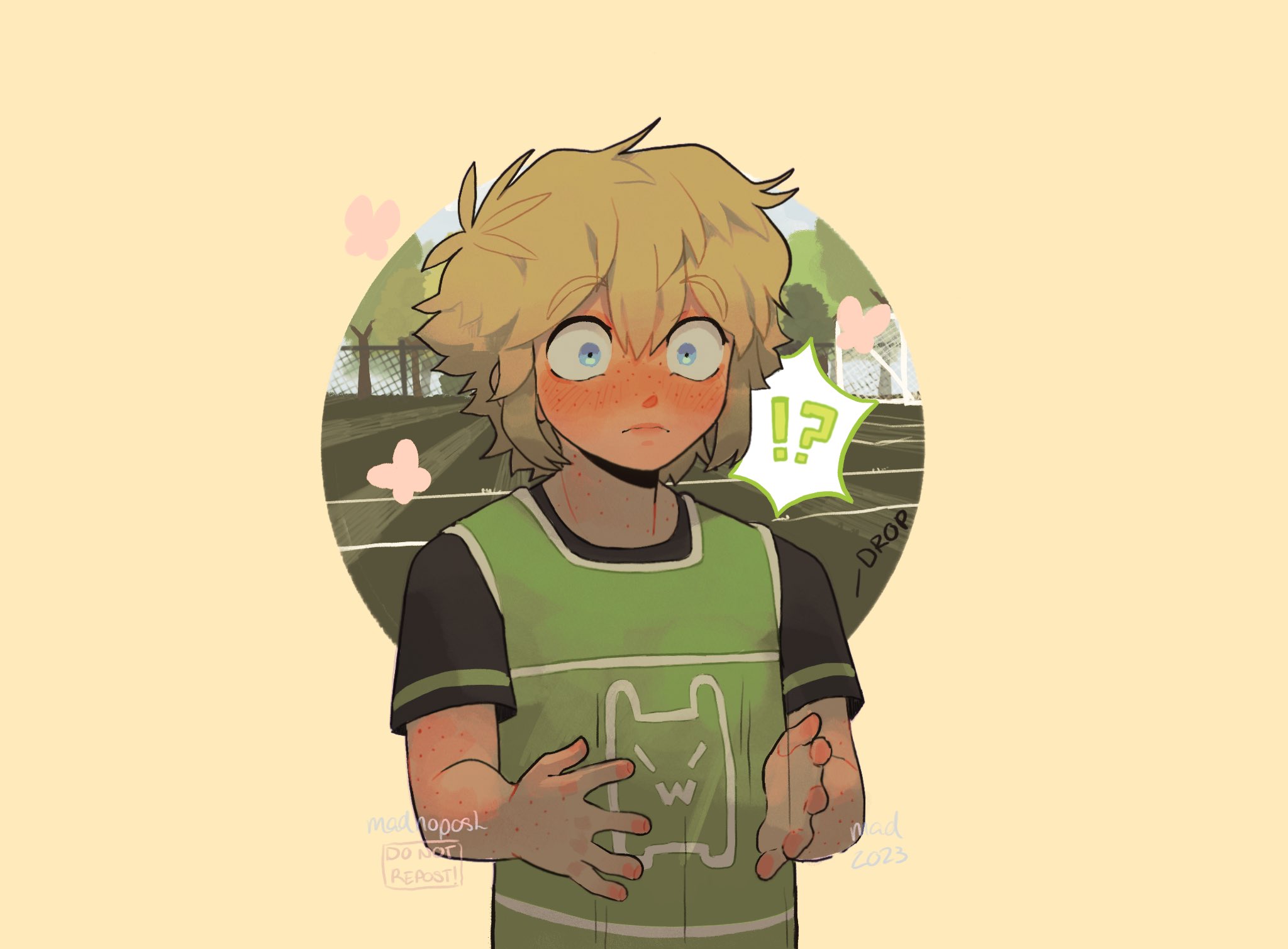 madnopost, basil (faraway) (omori), basil (omori), omori, highres, !?, 1boy, 2023, alternate costume, alternate universe, antenna hair, artist name, blonde hair, blue eyes, blush, closed mouth, goal, looking at viewer, male focus, short sleeves, solo, speech bubble, spoken interrobang, upper body