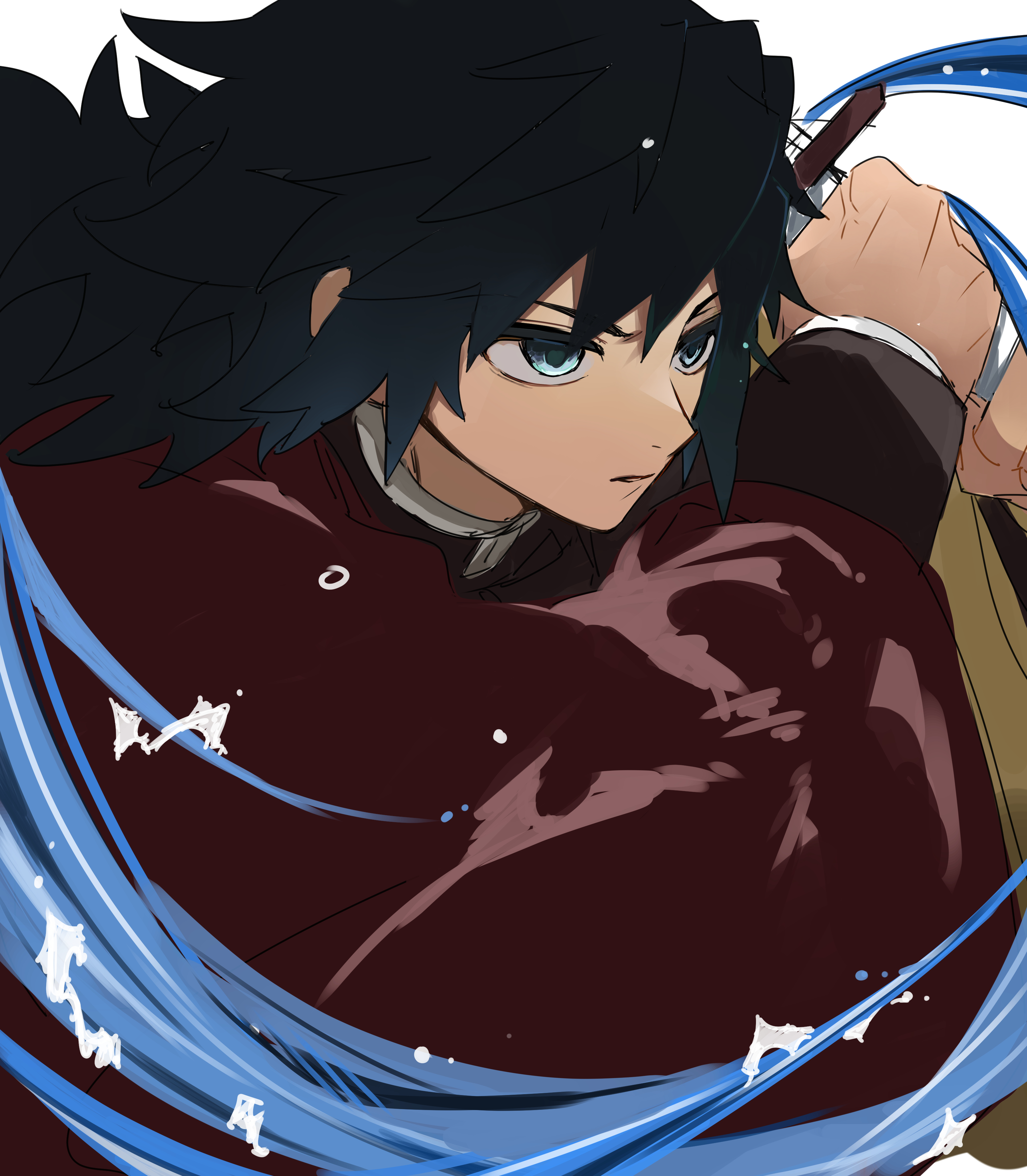 tomioka giyuu, kimetsu no yaiba, absurdres, highres, 1boy, black hair, black jacket, blue eyes, demon slayer uniform, haori, holding, holding sword, holding weapon, jacket, japanese clothes, katana, low ponytail, male focus, mu na89, parted lips, ponytail, red haori, simple background, slashing, solo, spiked hair, sword, upper body, water, weapon, white background