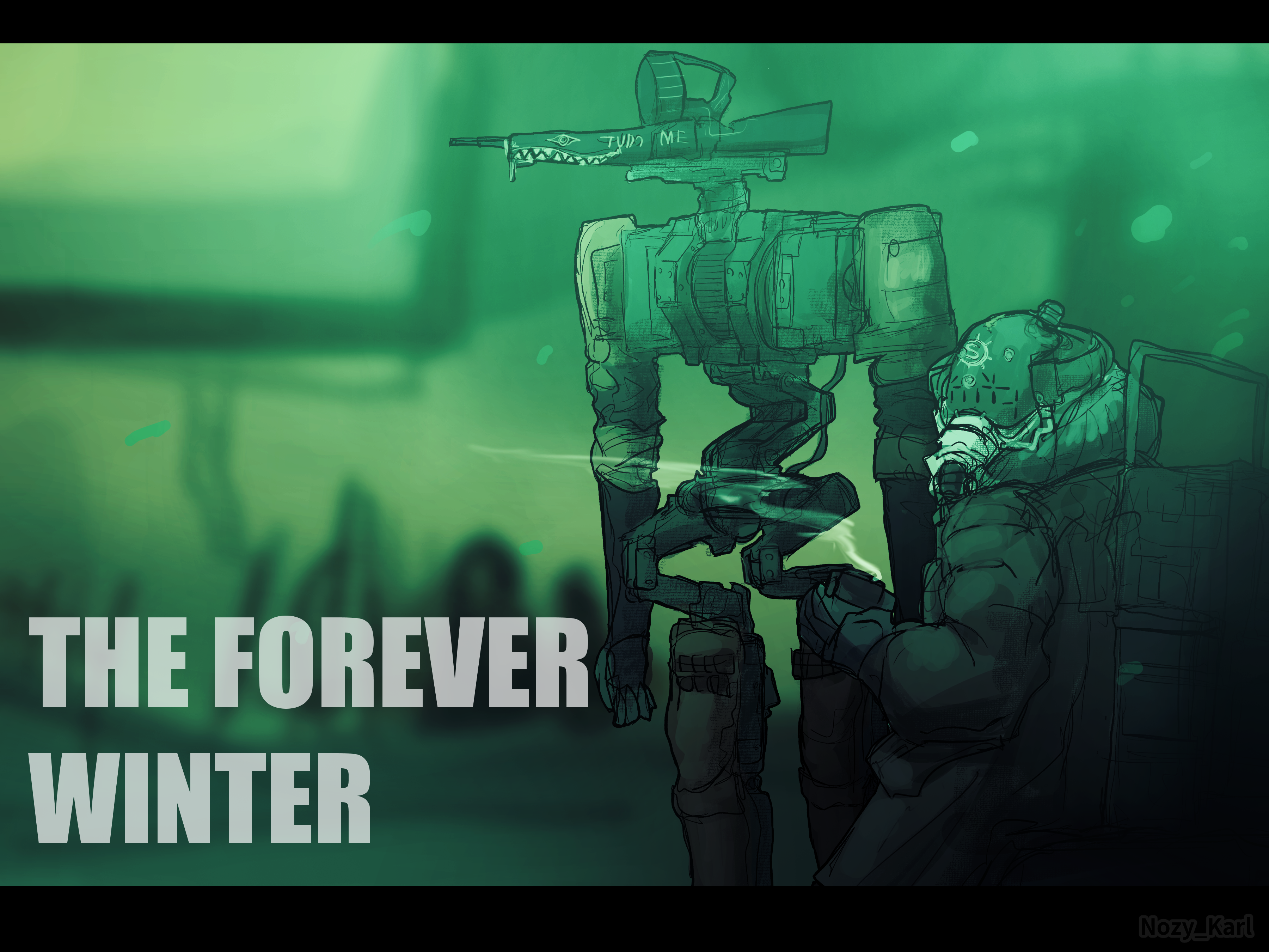 absurdres, highres, 1boy, 1other, backpack, bag, blurry, blurry background, canteen, coat, copyright name, gas mask, gloves, gun, gunhead (the forever winter), holding canteen, letterboxed, mask, mask man (the forever winter), nozy karl, robot, the forever winter, weapon