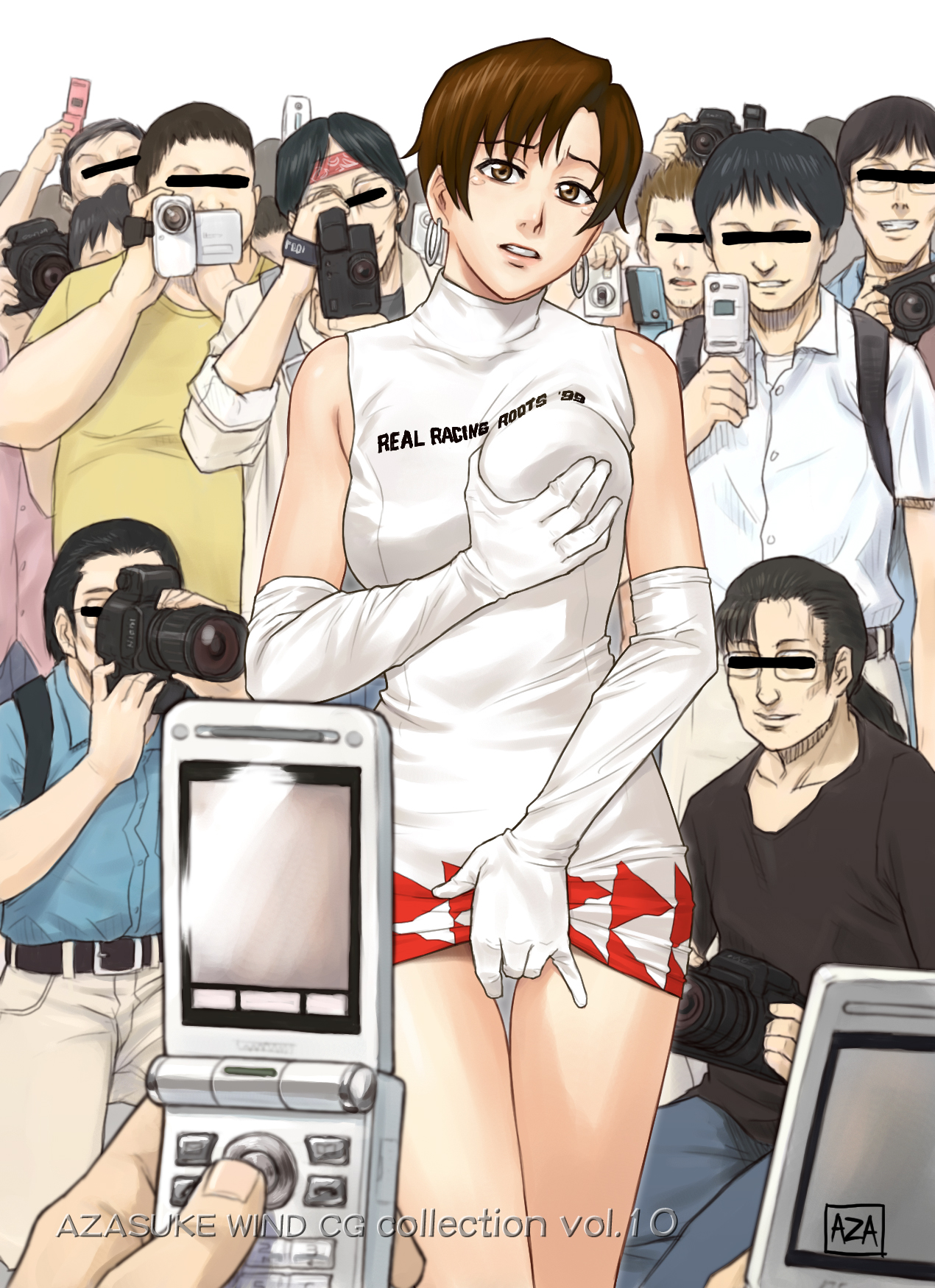 azasuke, nagase reiko, namco, ridge racer, highres, 1girl, bare shoulders, breasts, brown eyes, brown hair, camera, censored, clothes lift, crowd, dress, dress lift, earrings, elbow gloves, embarrassed, exhibitionism, fingering, gloves, grabbing another's breast, groping, jewelry, looking at viewer, masturbation, phone, photo (object), photographic proof, public indecency, race queen, short hair, standing, tears, thigh gap, thighs, turtleneck