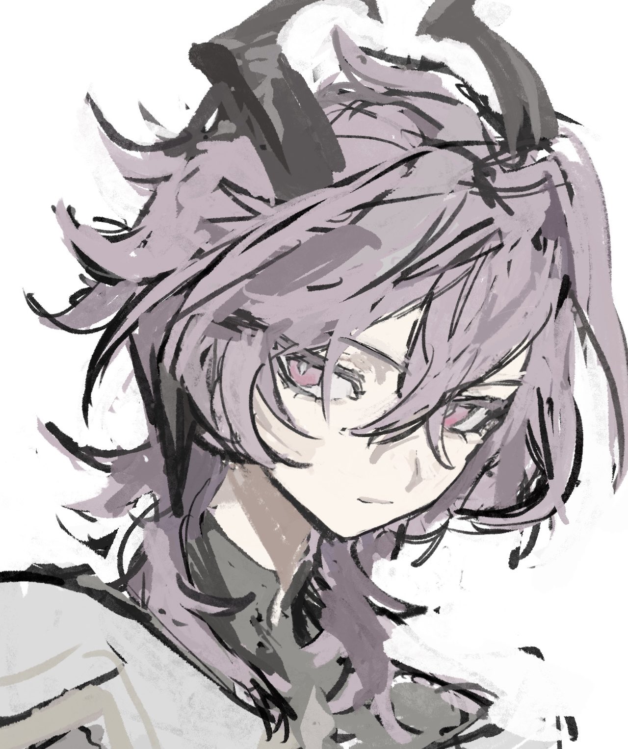 mini durin (genshin impact), mini durin (human) (genshin impact), genshin impact, commentary, commentary request, highres, 1boy, black horns, closed mouth, collared shirt, crossed bangs, double-parted bangs, dragon boy, dragon horns, eyelashes, hair between eyes, horns, looking to the side, male focus, pink eyes, pippi c1, portrait, shirt, sideways glance, solo