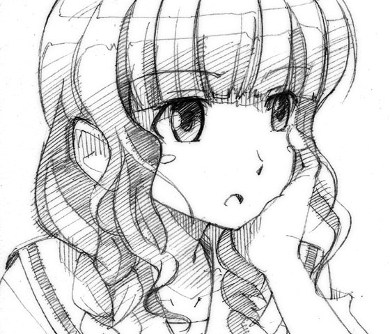 gofu, mizusawa mao, kimi kiss, traditional media, 1girl, braid, female focus, greyscale, hair over shoulder, monochrome, sketch, solo, twin braids, twintails