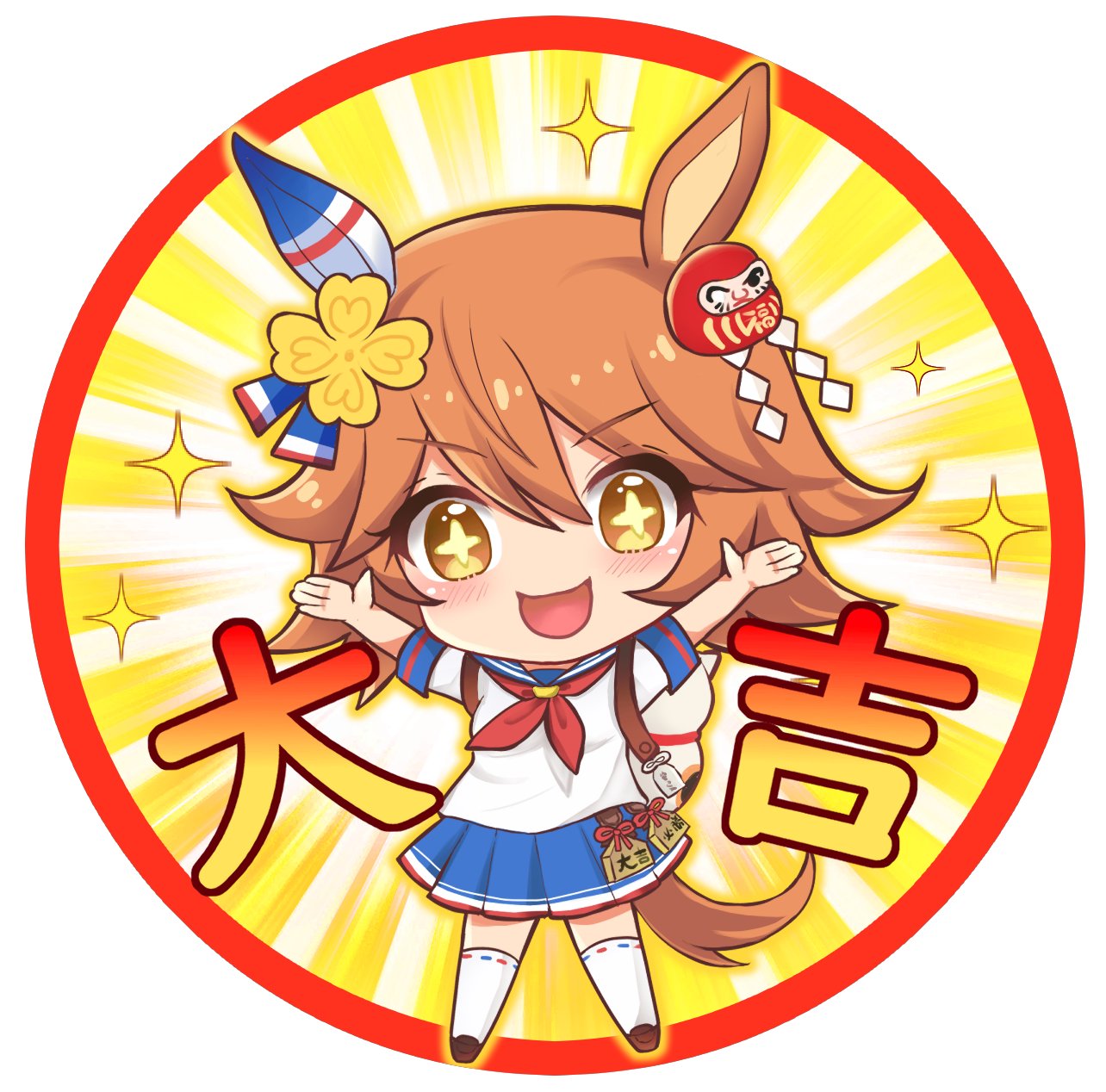 terimuku, matikanefukukitaru (umamusume), umamusume, commentary request, highres, translation request, + +, 1girl, :d, animal ears, blue sailor collar, blue skirt, blush, brown eyes, brown hair, brown shoes, chibi, full body, hair between eyes, hands up, horse ears, horse girl, horse tail, loafers, maneki-neko, neckerchief, open mouth, outstretched arm, pleated skirt, red neckerchief, sailor collar, school uniform, serafuku, shide, shirt, shoes, short sleeves, skirt, smile, solo, standing, tail, thighhighs, v-shaped eyebrows, white background, white shirt, white thighhighs