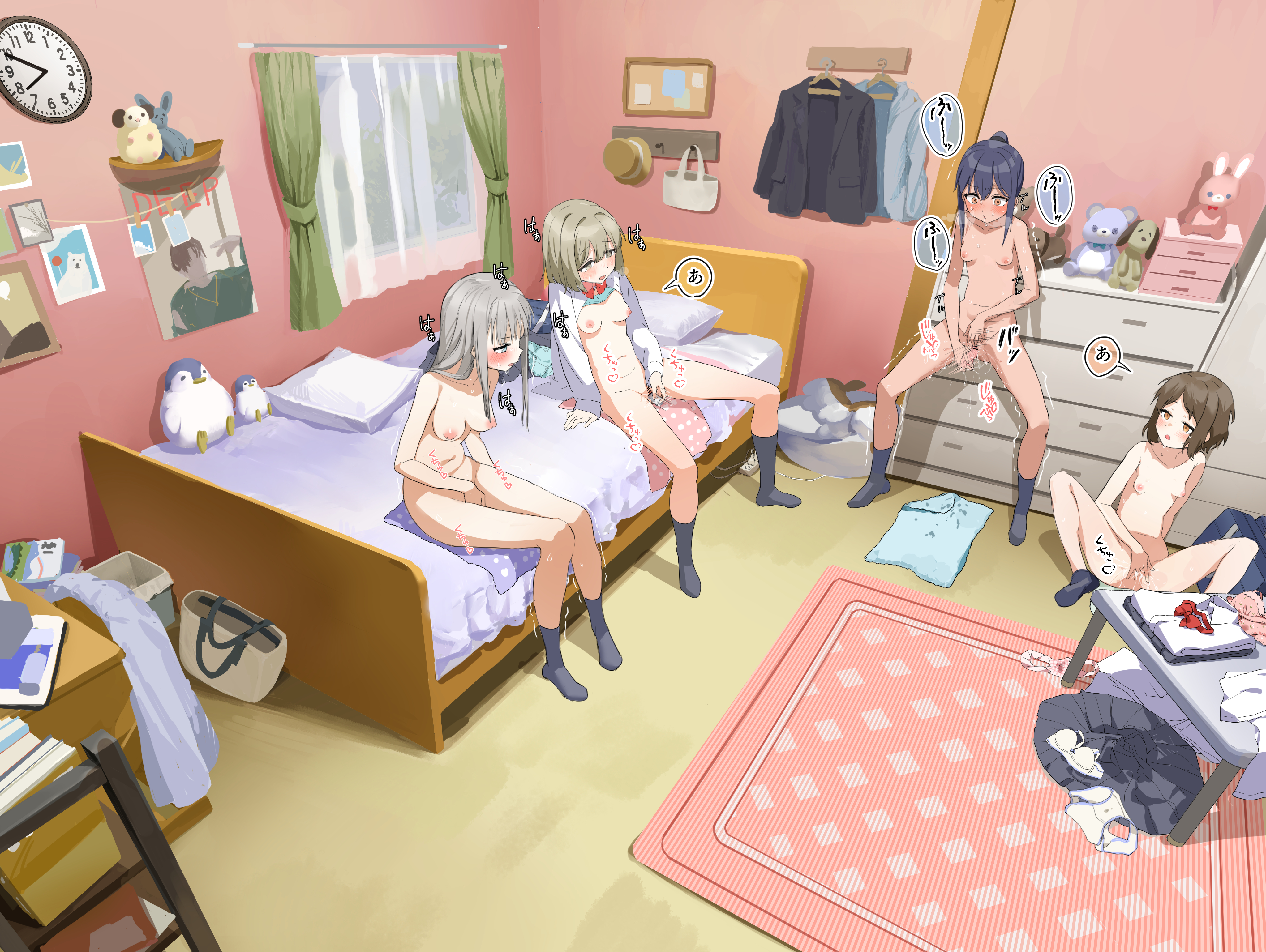 lemontyoisy r18, original, absurdres, commentary request, highres, translation request, 4girls, analog clock, aqua bra, aqua panties, bag, bar censor, bed, bedroom, blush, bow, bowtie, bra, bra lift, breasts, brown hair, censored, chest of drawers, clock, completely nude, curtains, dildo, female masturbation, fingering, grey hair, grey skirt, grey socks, group masturbation, indoors, legs apart, long hair, masturbation, medium breasts, medium hair, motion blur, motion lines, multiple girls, navel, nipples, no shoes, nude, on bed, on floor, open clothes, open shirt, panties, petite, pink bra, pink panties, pussy, pussy juice, red bow, red bowtie, rug, school bag, school uniform, sex toy, shirt, short hair, sidelocks, sitting, skirt, small breasts, socks, sound effects, speech bubble, spread legs, standing, steam, steaming body, stomach, stuffed animal, stuffed toy, table, towel, underwear, unworn bowtie, unworn bra, unworn panties, unworn shirt, unworn skirt, wet, wet clothes, wet panties, wet spot, white shirt, window, yellow bra, yellow panties