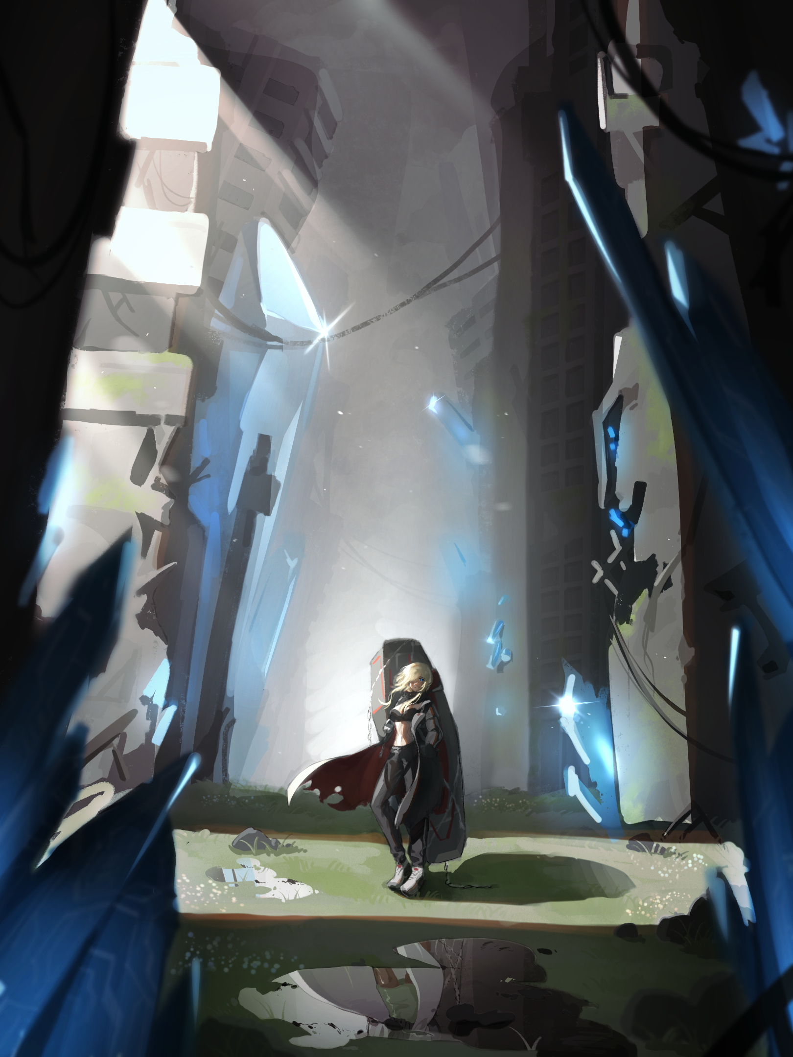 uko tiao, abe (nikke), grave (nikke), goddess of victory: nikke, commentary, highres, 1girl, black cloak, black pants, blonde hair, blue eyes, breasts, brown pantyhose, chain, cleavage, cloak, coat, coffin, crystal, different reflection, dual persona, full body, green skirt, hair between eyes, lab coat, large breasts, looking at viewer, midriff, navel, no mask, open clothes, open coat, outdoors, pants, pantyhose, pencil skirt, puddle, reflection, ruins, shadow, shoes, sidelocks, skirt, sneakers, solo, standing, torn cloak, torn clothes, white coat, white shoes