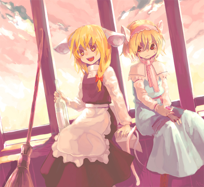 takishima asaka, alice margatroid, kirisame marisa, touhou, 2girls, angry, animal ears, apron, blonde hair, bottle, braid, broom, capelet, female focus, frown, hairband, kemonomimi mode, long hair, mouse ears, mouse tail, multiple girls, red eyes, short hair, side braid, sitting, smile, sunset, sweatdrop, tail, waist apron, window, yellow eyes