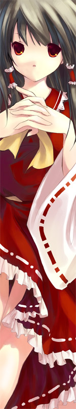 ritsuki, hakurei reimu, touhou, bad id, bad pixiv id, long image, tall image, 1girl, black hair, female focus, japanese clothes, red eyes, skirt, solo