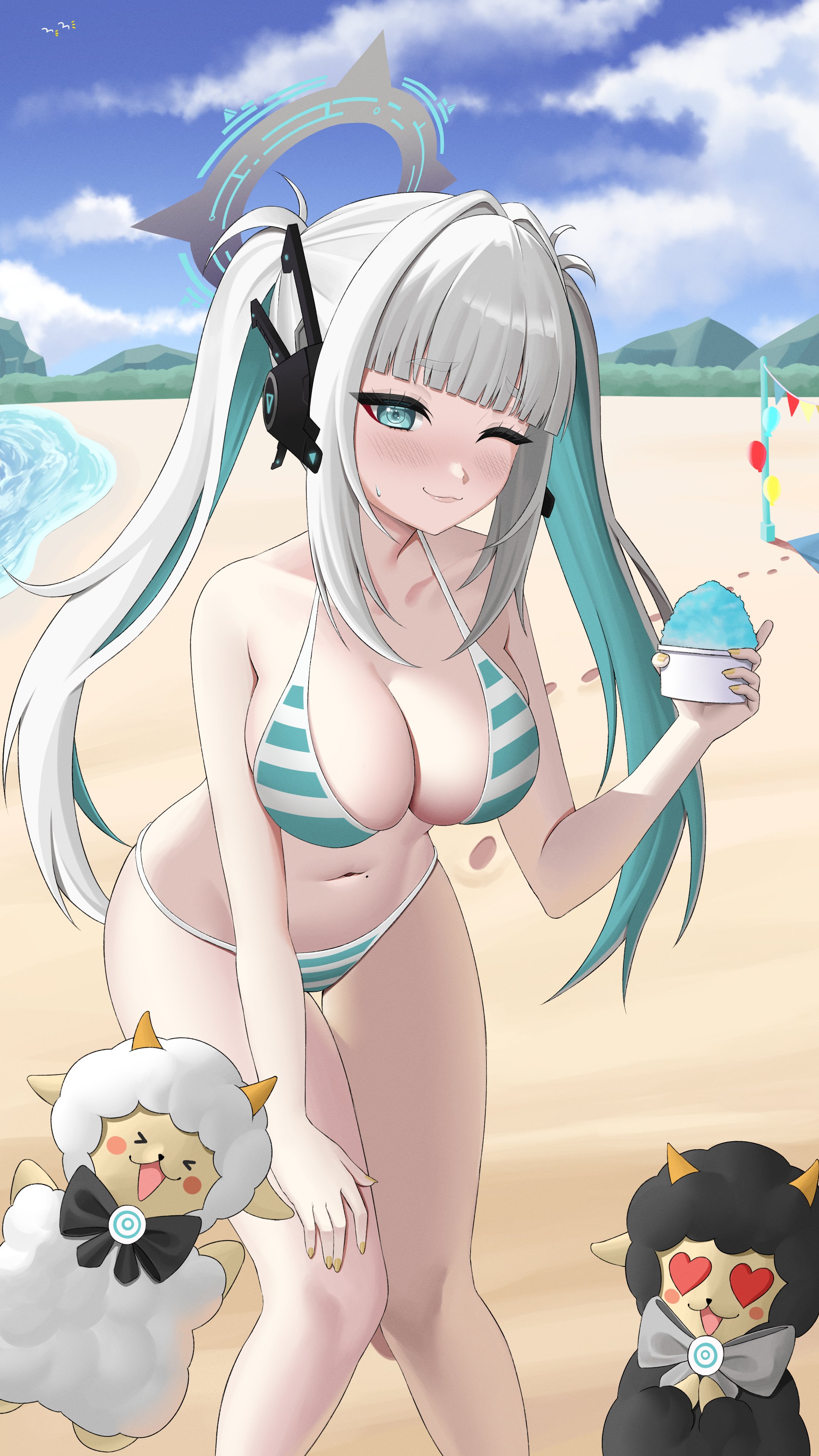 nagamma, eru nabura, indie virtual youtuber, 1girl, 2others, aqua bikini, aqua eyes, aqua hair, bikini, blush, breasts, closed mouth, collarbone, colored inner hair, day, eyelashes, feet out of frame, fingernails, food, grey hair, grey halo, halo, hand on own knee, hand up, ice cream, large breasts, leaning forward, looking at viewer, multicolored bikini, multicolored hair, multiple others, nail polish, navel, ocean, one eye closed, outdoors, sand, smile, solo focus, standing, striped bikini, striped clothes, swimsuit, twintails, two-tone bikini, two-tone hair, virtual youtuber, water, white bikini, yellow nails