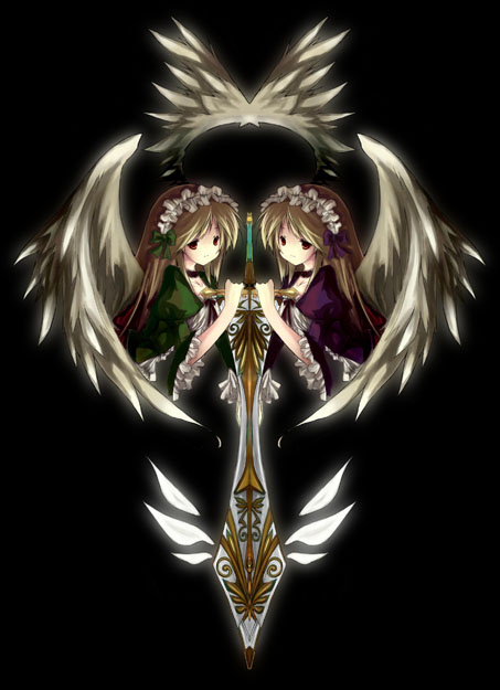 ritsuki, bad id, bad pixiv id, 2girls, angel, feathers, gothic lolita, lolita fashion, multiple girls, siblings, sisters, sword, twins, weapon, wings