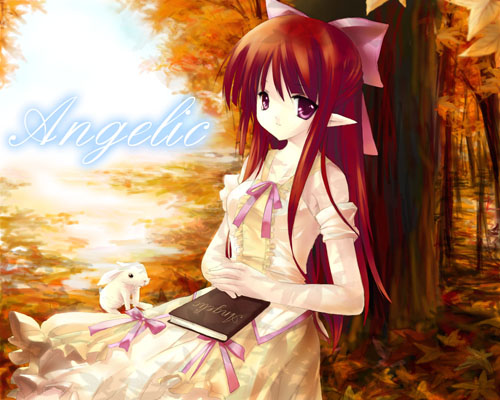 ritsuki, lowres, autumn, book, dress, outdoors, pointy ears, purple eyes, rabbit, red hair, ribbon, solo, tree