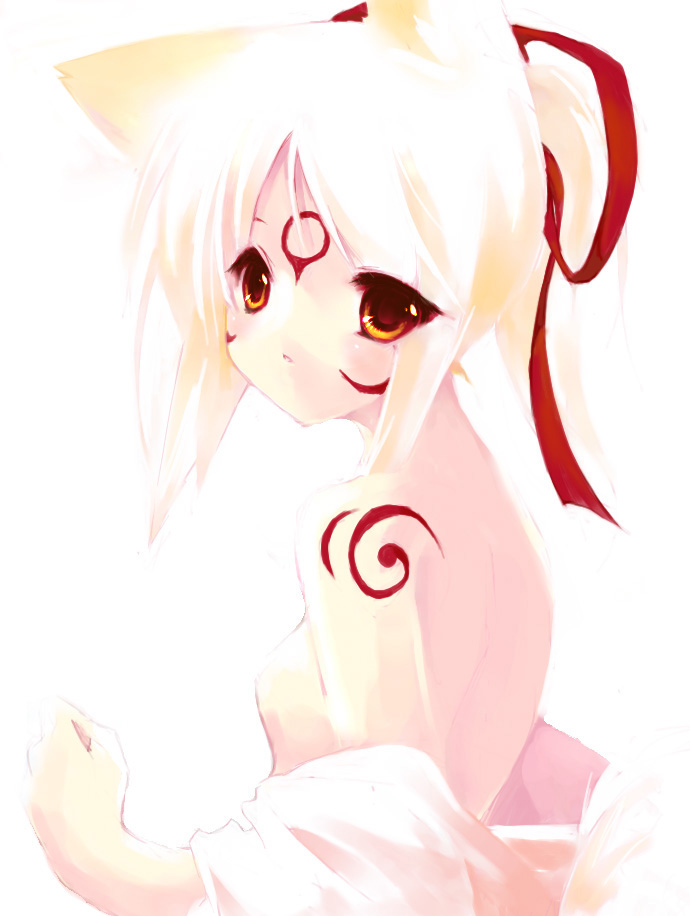 ritsuki, amaterasu (ookami), ookami (game), 1girl, albino, animal ears, bare shoulders, bodypaint, breasts, female focus, nipples, personification, red eyes, ribbon, small breasts, solo, undressing, white hair, wolf ears