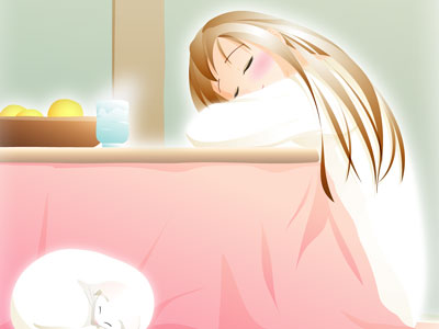 lowres, blush, brown hair, cat, kotatsu, long hair, sleeping, solo, table