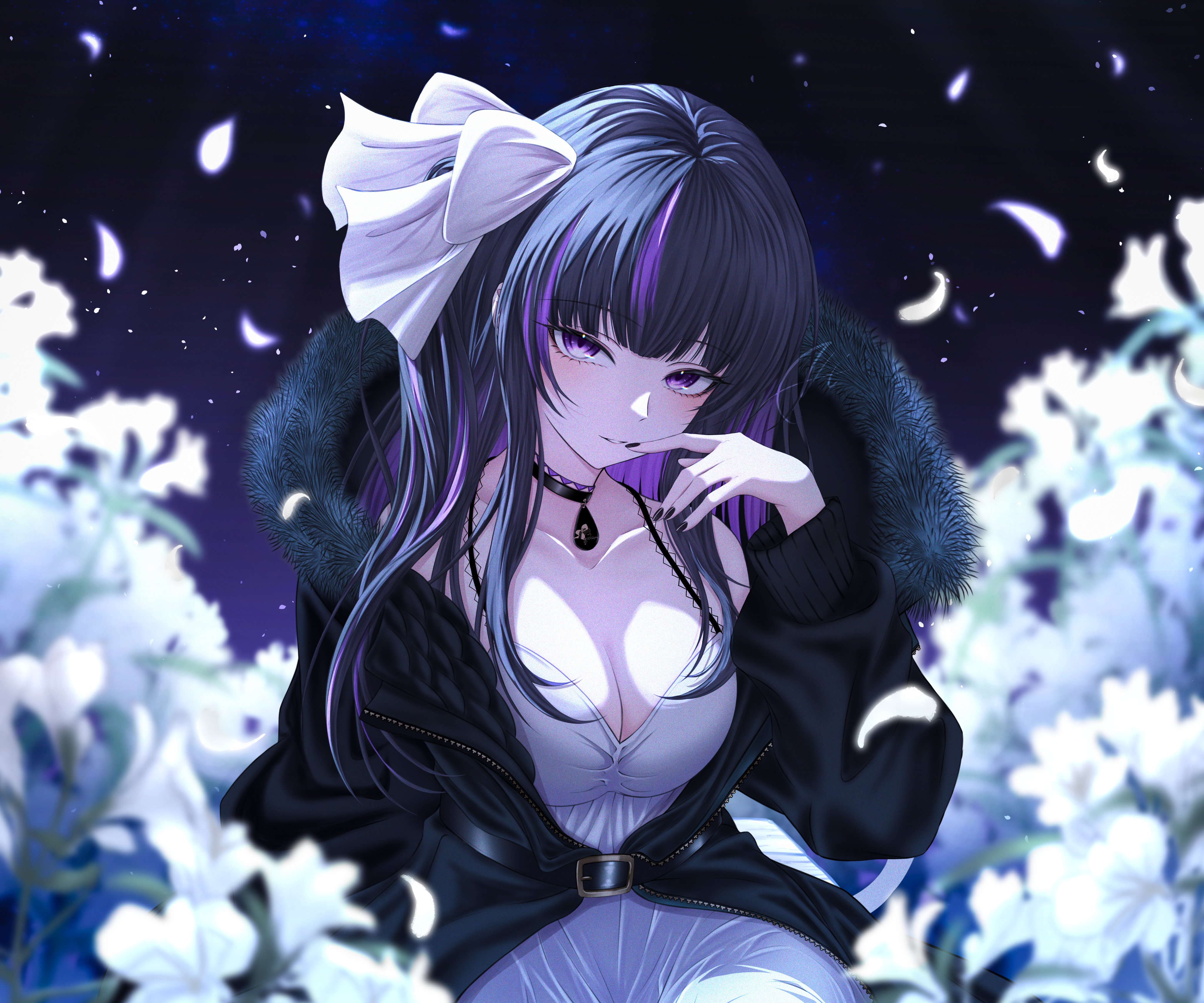 nisikm, ririsya, indie virtual youtuber, absurdres, highres, 1girl, bare shoulders, black coat, black hair, black nails, blurry, blurry background, blurry foreground, bow, breasts, cleavage, coat, depth of field, dress, finger to mouth, flower, fur-trimmed coat, fur trim, glowing, glowing petals, hair bow, large breasts, long hair, looking at viewer, multicolored hair, night, night sky, open clothes, open coat, petals, purple eyes, purple hair, sky, solo, spaghetti strap, streaked hair, upper body, virtual youtuber, white bow, white dress, white flower