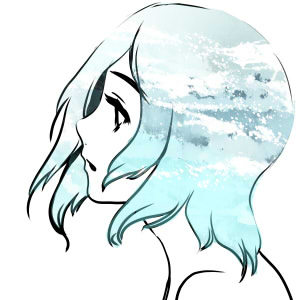 ichi (ichi.colors), pocchin, original, bad id, bad pixiv id, lowres, 1girl, blue hair, blue theme, female focus, monochrome, profile, short hair, simple background, sky, solo
