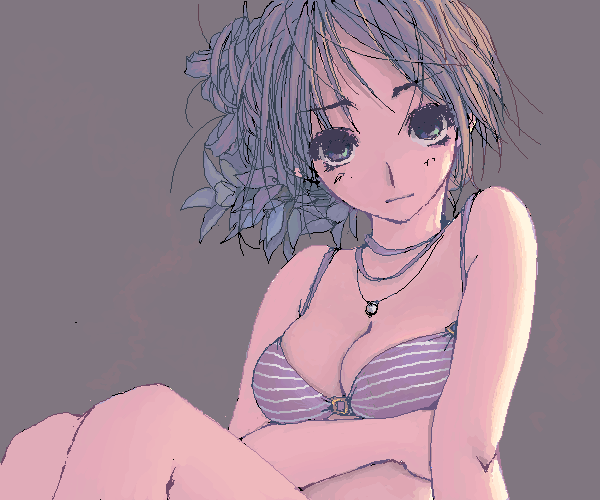 une, original, bad id, bad pixiv id, 1girl, arm under breasts, bikini, bikini top only, breasts, brown hair, cleavage, female focus, flower, green eyes, jewelry, looking at viewer, medium breasts, necklace, oekaki, solo, striped bikini, striped clothes, swimsuit
