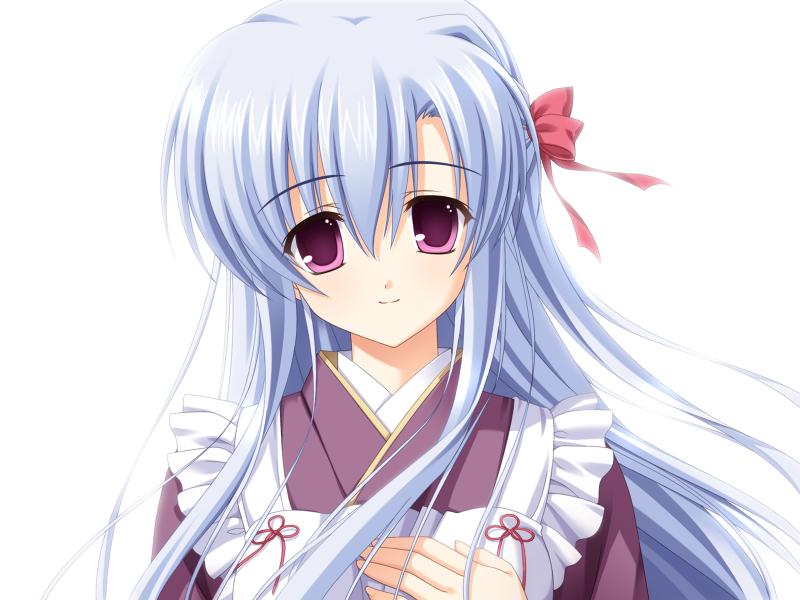 mitha, kamishiro yukari, kamishiro yukari (gift), gift (game), gift eternal rainbow, silver hair, game cg, 00s, 1girl, apron, black dress, blue hair, blush, dress, female focus, hand on own chest, long hair, looking at viewer, pink eyes, purple eyes, simple background, solo, white background