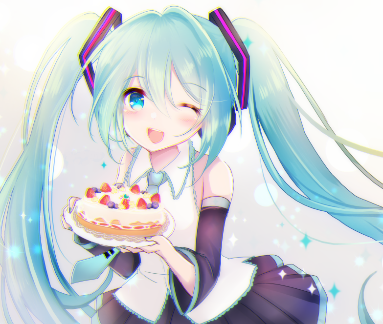 terimuku, hatsune miku, vocaloid, 1girl, ;d, bare shoulders, black skirt, black sleeves, blue eyes, blue nails, blush, cake, collared shirt, detached sleeves, food, fruit, gradient background, green hair, grey background, hair between eyes, holding, long hair, long sleeves, looking at viewer, nail polish, one eye closed, open mouth, pleated skirt, shirt, skirt, smile, solo, sparkle, strawberry, tie clip, twintails, very long hair, white background, white shirt, wide sleeves