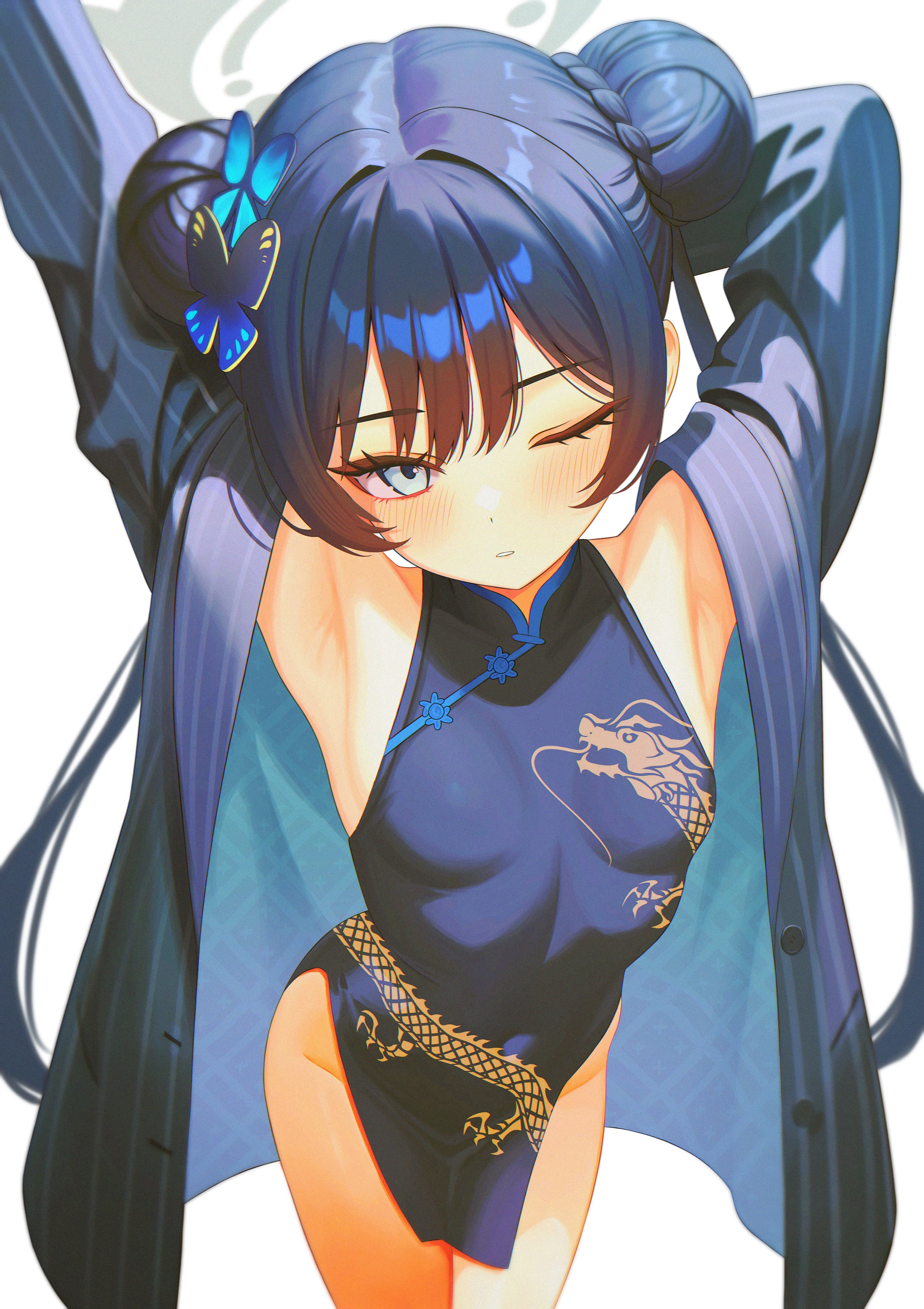 yeoun, kisaki (blue archive), blue archive, absurdres, highres, 1girl, arm behind head, arm up, armpits, black dress, black hair, blush, braid, braided bun, breasts, butterfly hair ornament, china dress, chinese clothes, covered navel, double bun, dragon print, dress, grey eyes, grey halo, hair bun, hair ornament, halo, jacket, long hair, looking at viewer, one eye closed, pelvic curtain, pinstripe jacket, pinstripe pattern, presenting armpit, print dress, sleeveless, sleeveless dress, small breasts, solo, striped clothes, striped jacket, twintails, vertical-striped clothes, vertical-striped jacket