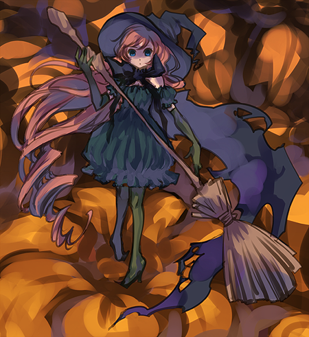 ichi (ichi.colors), pocchin, original, lowres, 1girl, black dress, blue eyes, broom, brown hair, bubble skirt, dress, elbow gloves, female focus, gloves, halloween, hat, long hair, pantyhose, pumpkin, scarf, skirt, solo, witch, witch hat