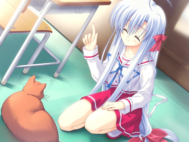 mitha, kamishiro yukari (gift), gift (game), gift eternal rainbow, silver hair, game cg, 00s, 1girl, blush, cat, closed eyes, female focus, long hair, school uniform, serafuku, solo