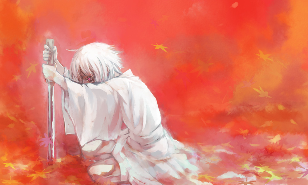 ichi (ichi.colors), pocchin, original, gender request, androgynous, autumn, japanese clothes, kimono, leaf, red eyes, solo, white hair