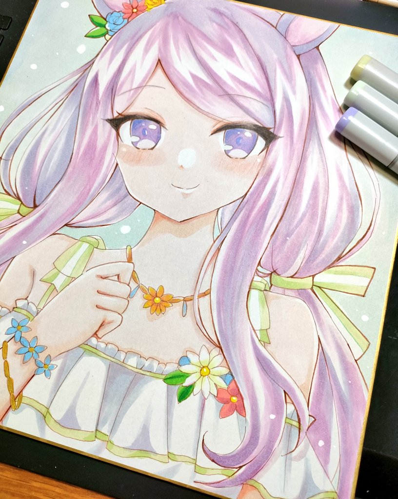 terimuku, mejiro mcqueen (ripple fairlady) (umamusume), mejiro mcqueen (umamusume), umamusume, commentary request, photo (medium), traditional media, 1girl, bare shoulders, blue flower, blue rose, blush, bow, closed mouth, flower, hair bow, hair flower, hair ornament, hand up, long hair, looking at viewer, low twintails, official alternate costume, official alternate hairstyle, purple eyes, purple hair, red flower, rose, shikishi, smile, solo, striped bow, swept bangs, twintails, upper body, white flower, yellow flower, yellow rose
