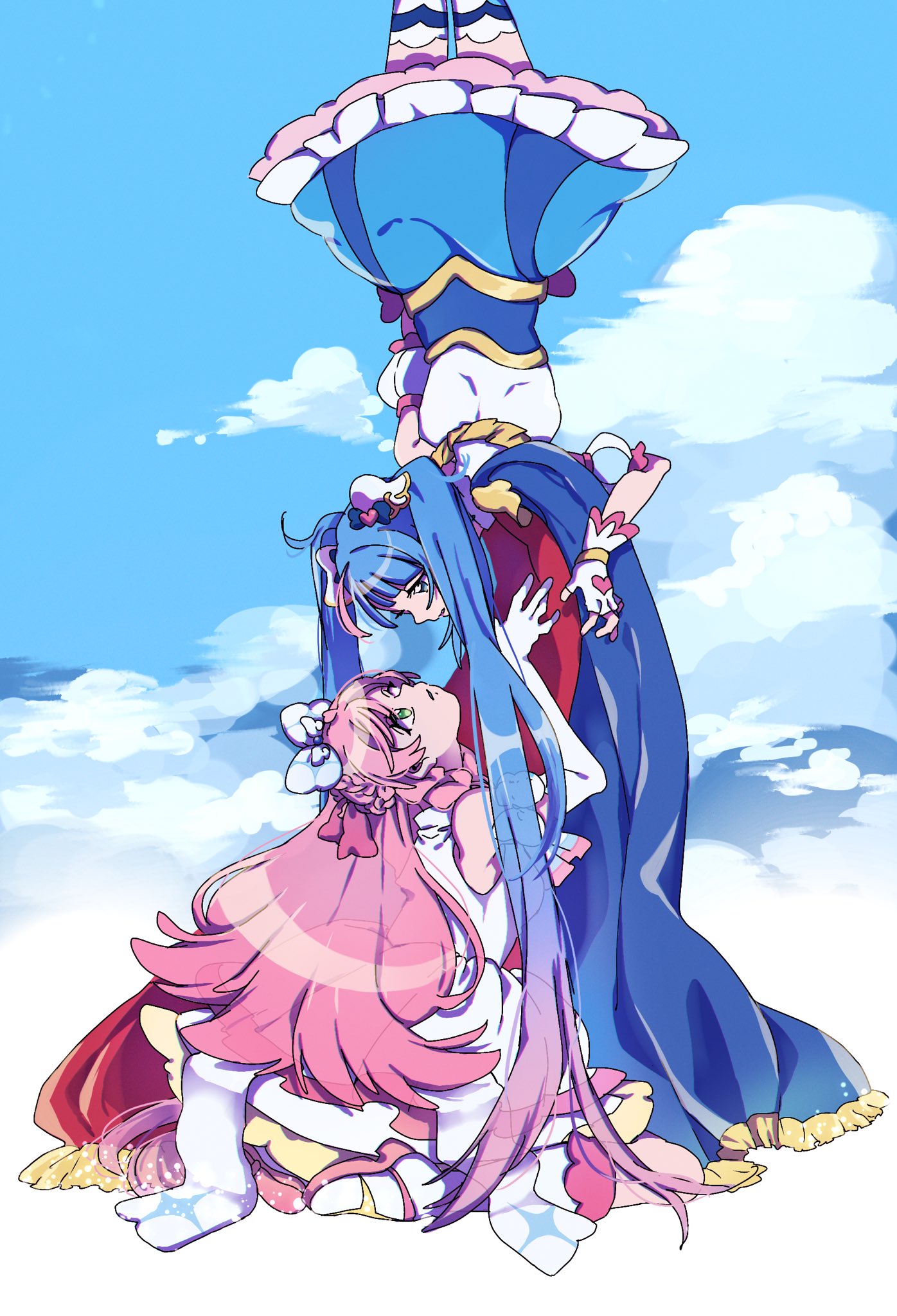 sekiguchi (mitemite mitene), cure prism, cure sky, nijigaoka mashiro, sora harewataru, hirogaru sky! precure, precure, highres, 2girls, above clouds, blue cape, blue dress, blue eyes, blue hair, blue sky, boots, bow, braid, cape, cloud, crown braid, day, detached sleeves, dress, elbow gloves, fingerless gloves, frilled dress, frills, fringe trim, glove bow, gloves, gradient hair, green eyes, hair bow, hair ornament, hanging, knee boots, layered dress, long hair, looking at another, magical girl, medium dress, multicolored hair, multiple girls, on cloud, outdoors, parted lips, pink hair, puffy detached sleeves, puffy sleeves, red cape, short dress, side braids, sitting, sky, sleeveless, sleeveless dress, streaked hair, thighhighs, twintails, two-sided cape, two-sided fabric, two-tone dress, two-tone hair, upside-down, very long hair, wariza, white boots, white bow, white dress, white gloves, white thighhighs, wing hair ornament