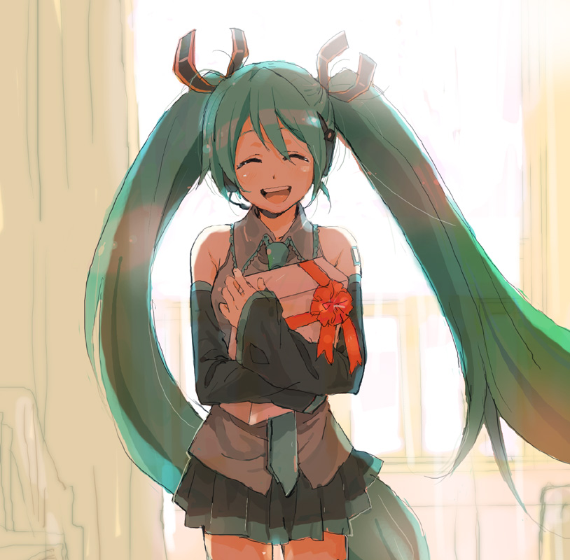 kiikanna, hatsune miku, vocaloid, bad id, bad pixiv id, 1girl, detached sleeves, female focus, gift, green hair, happy, holding, holding gift, long hair, miniskirt, ribbon, skirt, smile, solo, twintails, very long hair, window