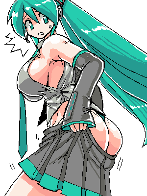 hatsune miku, vocaloid, artist request, lowres, 1girl, aqua hair, ass, bad anatomy, breasts, female focus, huge ass, large breasts, oekaki, panties, sideboob, solo, thong, undersized clothes, underwear