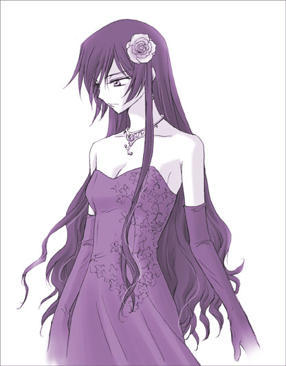 lelouch vi britannia, luluko, code geass, looking away, gender request, 00s, 1girl, bare shoulders, crossdressing, crossdressing (ftm), dress, elbow gloves, female focus, flower, genderswap, gloves, hair flower, hair ornament, jewelry, long hair, monochrome, necklace, rose, solo, strapless, strapless dress, very long hair