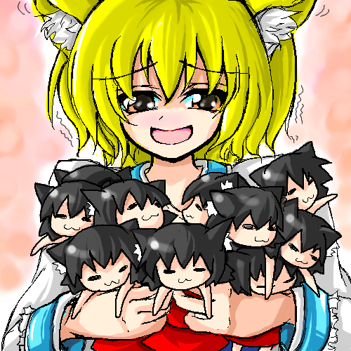 kurinton, chen, yakumo ran, touhou, lowres, 1girl, :d, = =, animal ears, black hair, blonde hair, blush, breasts, carrying, cat ears, cat girl, chibi, closed eyes, female focus, fox ears, motion lines, open mouth, small breasts, smile, solo, too many, trembling, upper body