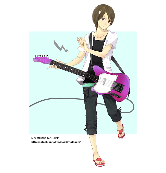 yoshito, original, 1girl, bass guitar, black shirt, blouse, blue background, brown eyes, brown hair, capri pants, english text, female focus, full body, guitar, instrument, layered clothes, left-handed, pants, plectrum, sandals, shirt, short hair, smile, solo, standing, standing on one leg, watermark, web address, white shirt