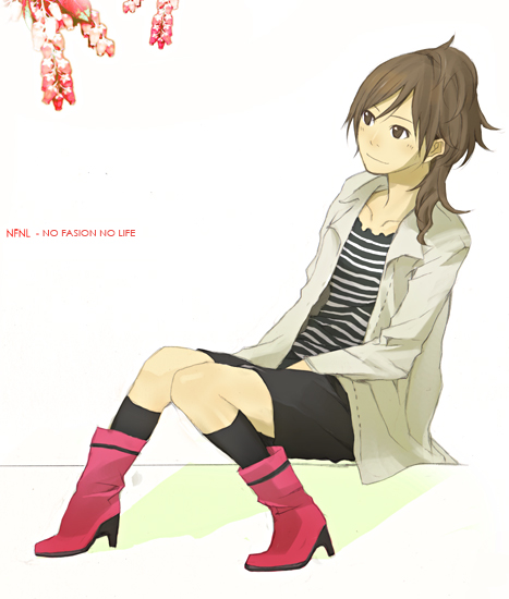 yoshito, original, 1girl, blouse, boots, brown hair, english text, fashion, female focus, high heel boots, high heels, jacket, kneehighs, pink boots, shirt, sitting, socks, solo, striped clothes, striped shirt