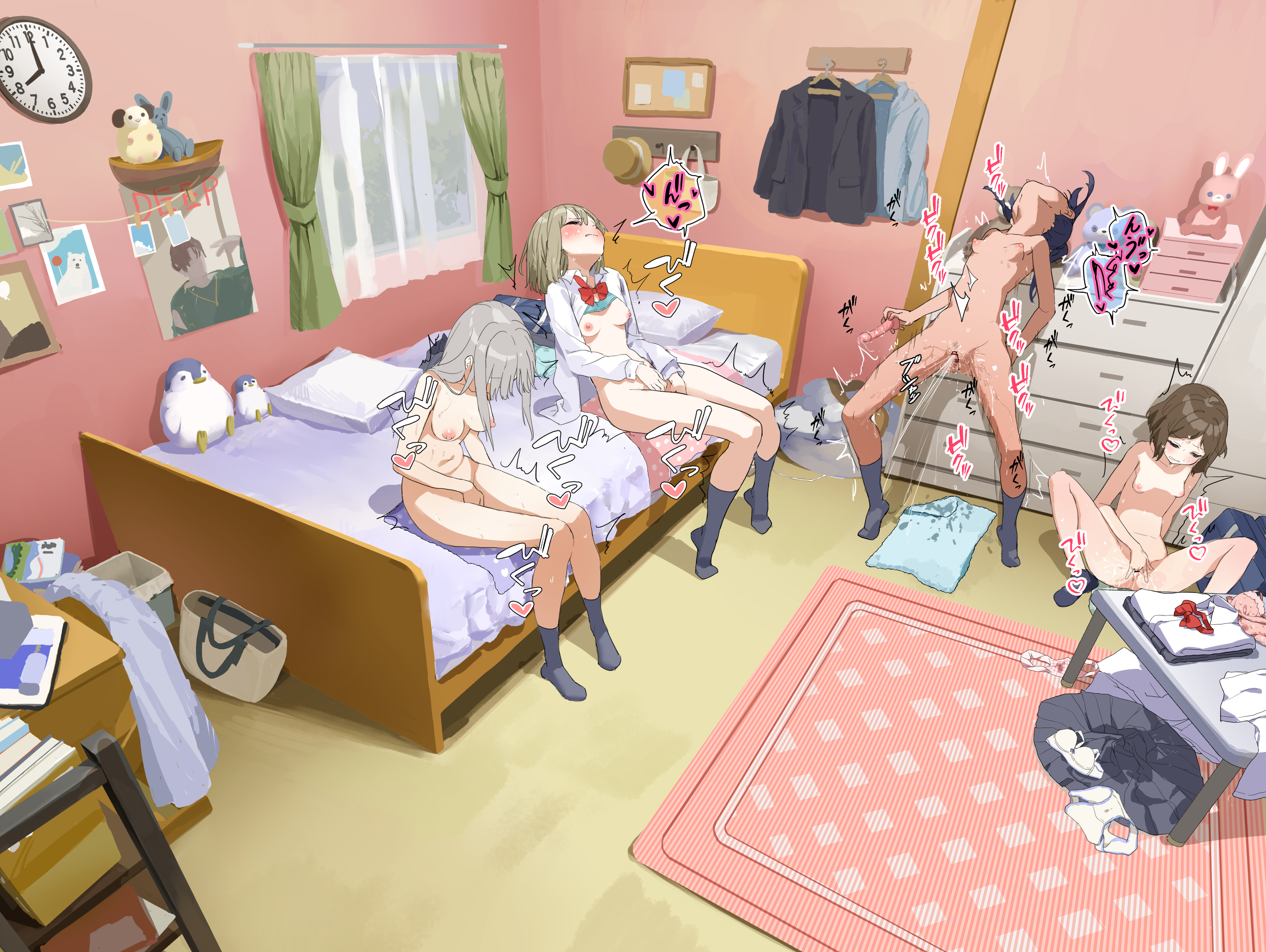 lemontyoisy r18, original, absurdres, commentary request, highres, translation request, 4girls, analog clock, aqua bra, aqua panties, bag, bar censor, bed, bedroom, bow, bowtie, bra, bra lift, breasts, breasts apart, brown hair, censored, chest of drawers, clock, closed eyes, closed mouth, completely nude, curtains, dildo, excessive pussy juice, female masturbation, female orgasm, fingering, grey hair, grey skirt, grey socks, group masturbation, head back, holding, holding sex toy, indoors, legs apart, long hair, long sleeves, masturbation, medium breasts, medium hair, multiple girls, navel, nipples, no shoes, nude, on bed, on floor, open clothes, open shirt, orgasm, panties, petite, pink bra, pink panties, pussy, pussy juice, red bow, red bowtie, rug, school bag, sex toy, shirt, short hair, sitting, skirt, small breasts, socks, sound effects, speech bubble, spread legs, standing, stomach, straight hair, stuffed animal, stuffed toy, table, torogao, towel, underwear, unworn bowtie, unworn bra, unworn panties, unworn shirt, unworn skirt, wet, wet clothes, wet panties, wet spot, white shirt, window, yellow bra, yellow panties