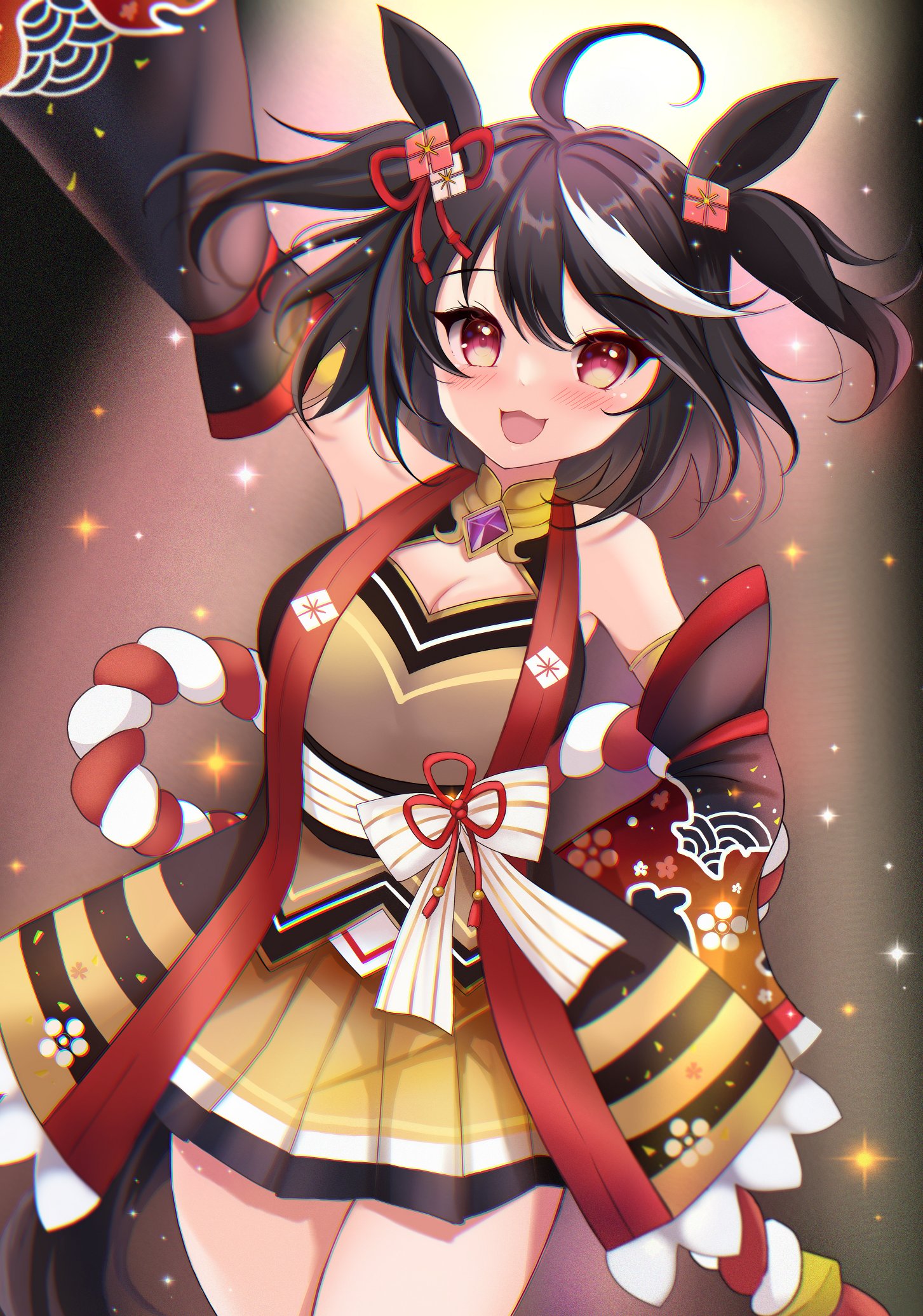 terimuku, kitasan black (umamusume), umamusume, commentary request, highres, 1girl, :d, ahoge, animal ears, arm up, bare shoulders, black hair, black sleeves, blush, breasts, brown skirt, cleavage, cleavage cutout, clothing cutout, detached sleeves, hair between eyes, horse ears, horse girl, horse tail, long sleeves, looking at viewer, medium breasts, multicolored hair, open mouth, pleated skirt, red eyes, skirt, smile, solo, streaked hair, tail, two side up, white hair